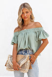 Off Shoulder Textured Ruched Ruffle Blouse