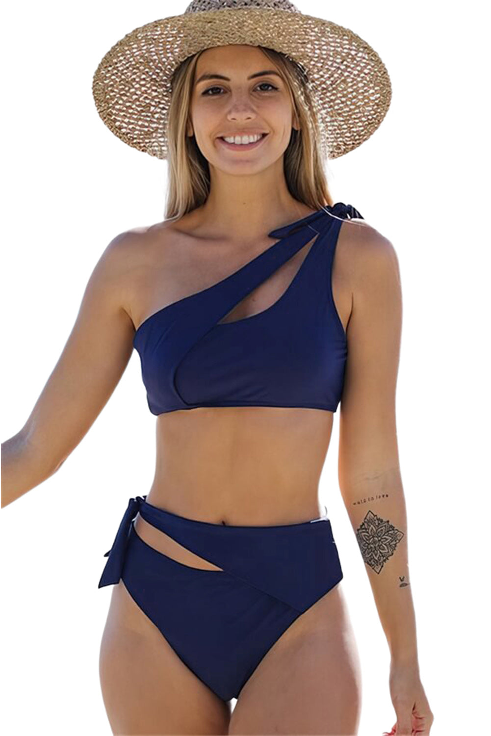 Asymmetric Cutout Knotted High Waist Swimsuit