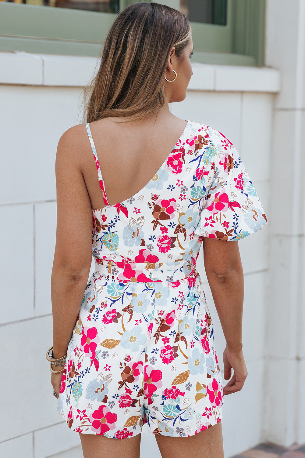 Floral Single Bubble Sleeve Slant Shoulder Romper