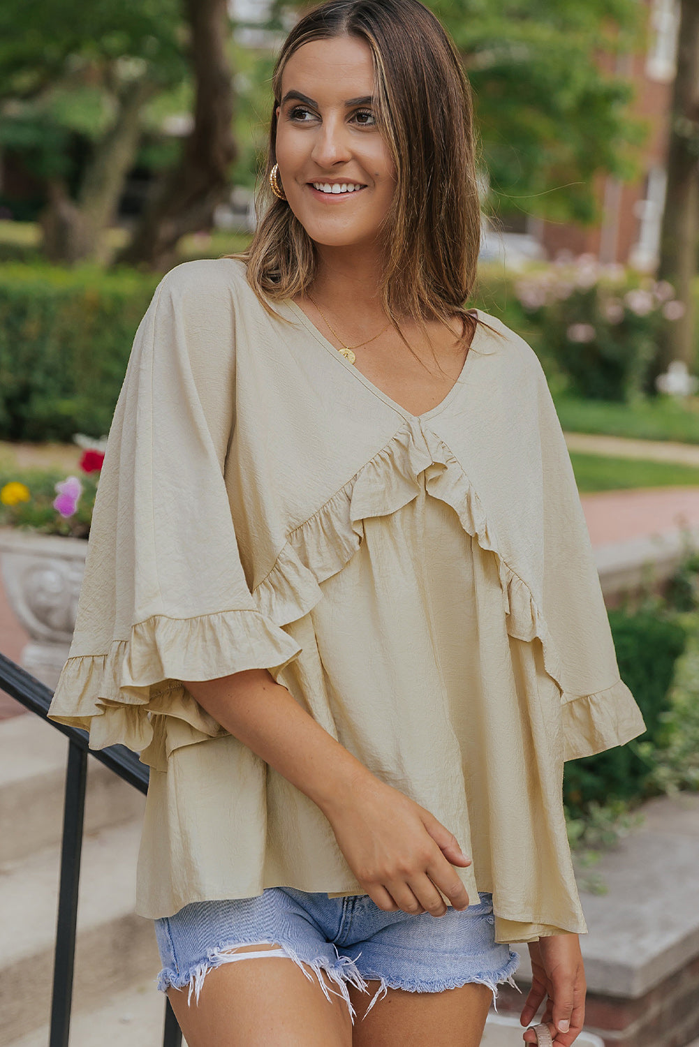 Apricot V Neck Draped Batwing Sleeve Ruffle Blouse