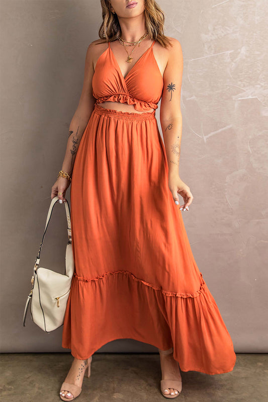 Robe longue sans manches à bretelles spaghetti découpées et à volants orange