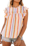 Striped Color Block Ruffled O-neck Sleeveless Top