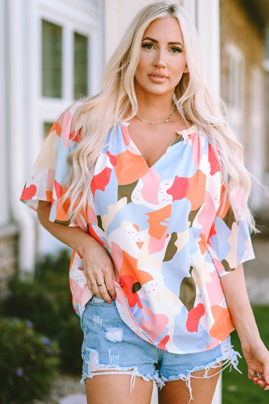 Floral Print V Neck Half Sleeve Blouse