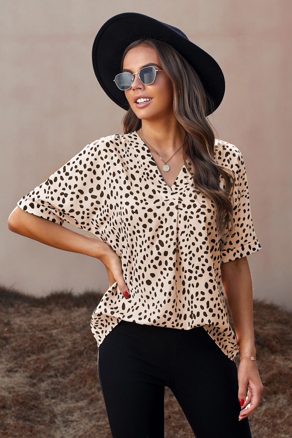 Animal Print V-neck Rolled Sleeve Tunic Top