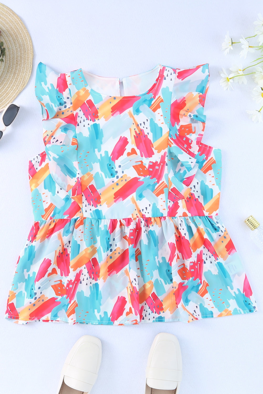 Brush Print Ruffle Trim Peplum Tank Top