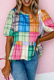 Bold Plaid Color Block Puff Sleeve Peplum Top