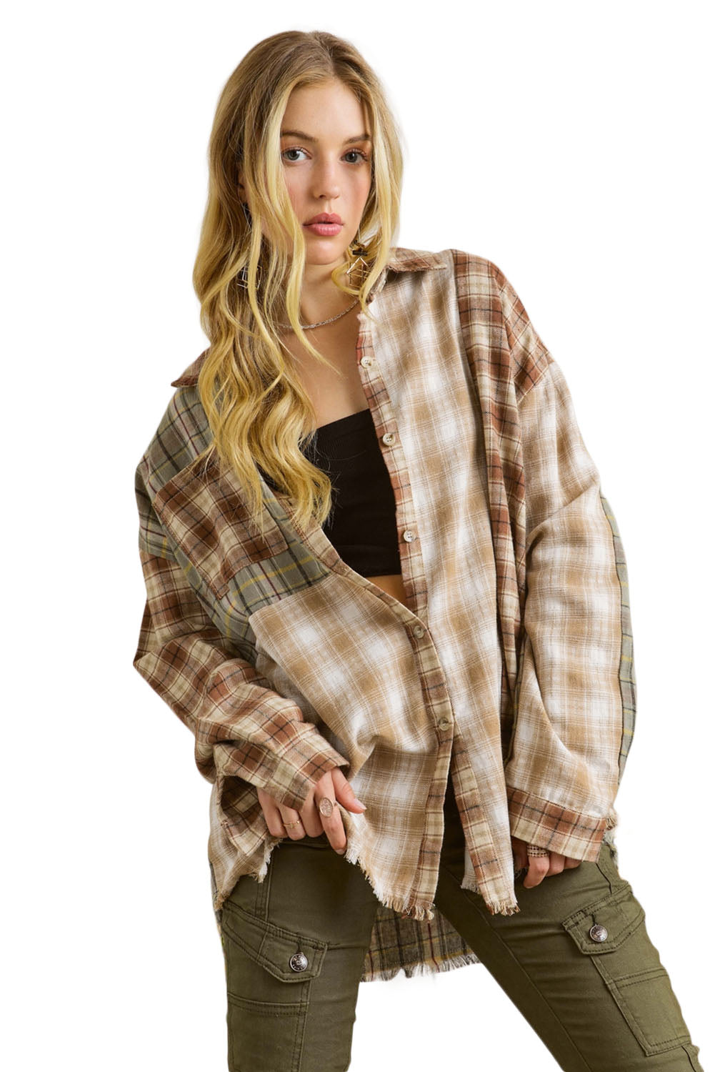 Multi Plaid Patchwork Raw Edge Casual Shirt