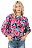 Red Floral Print Shirred Puff Sleeve Blouse