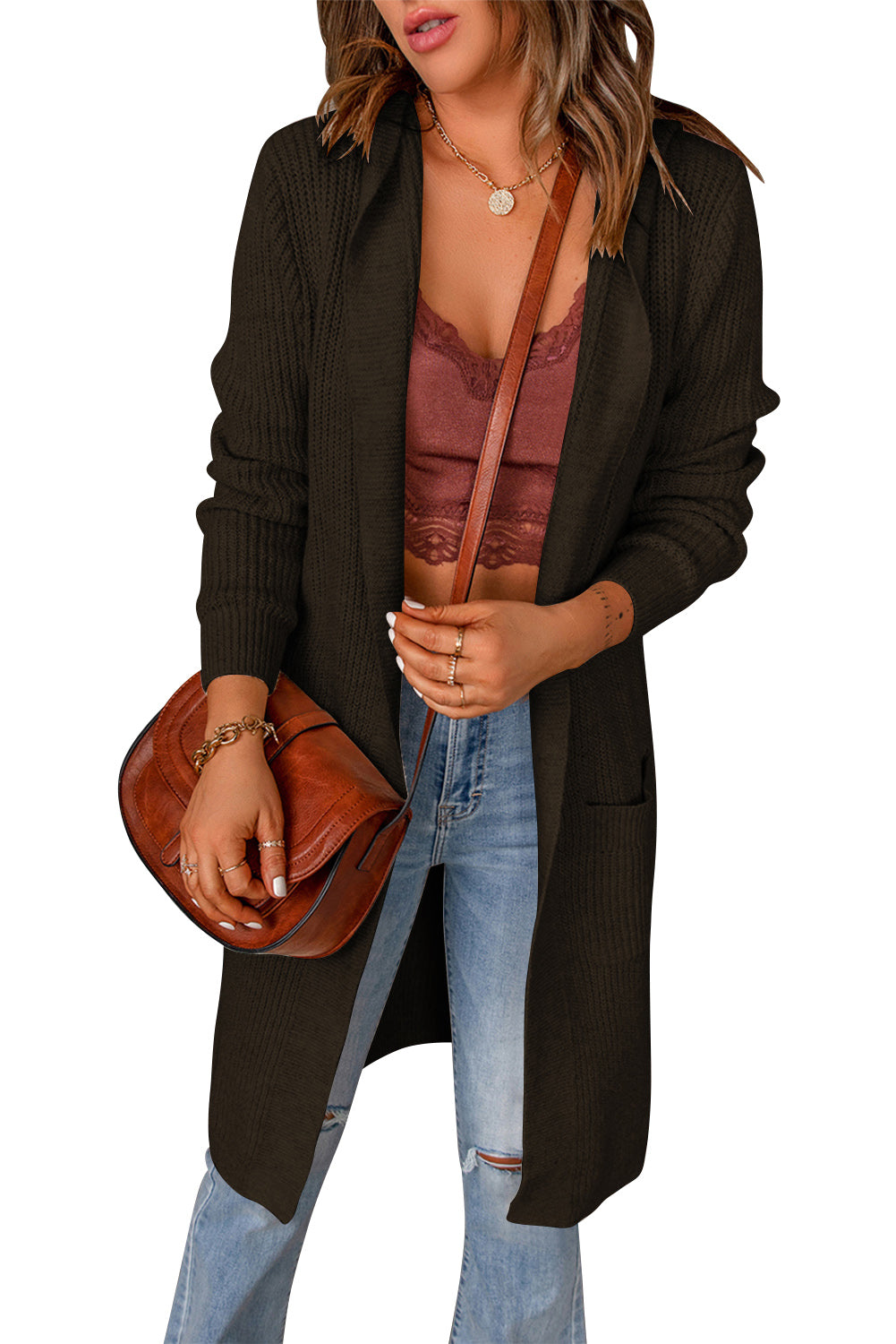 Hooded Pockets Open Front Knitted Cardigan