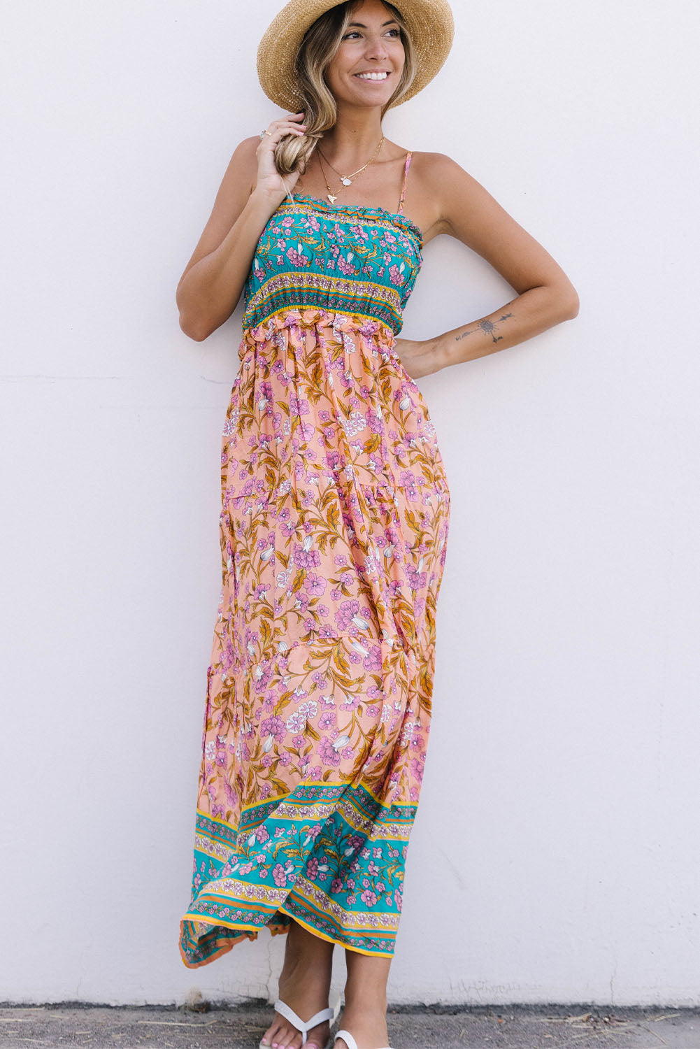 Floral Print Bodice Spaghetti Strap Maxi Dress