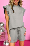 Gray Textured Ruffle Split Top and Drawstring Shorts