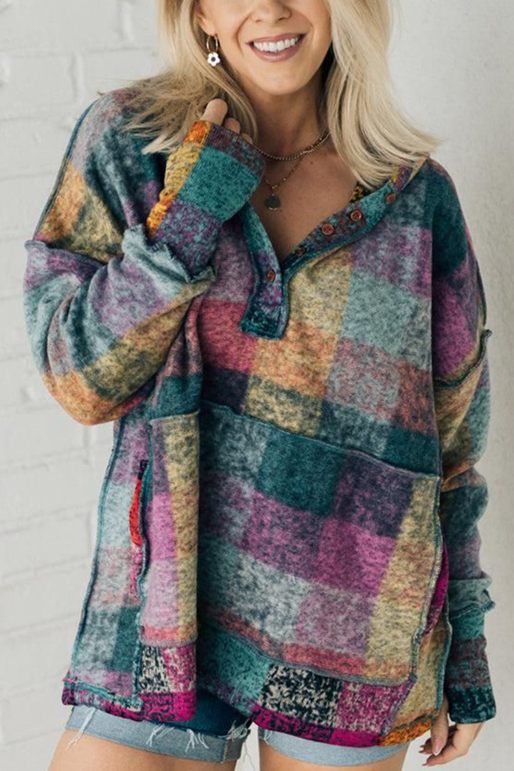 Multicolor Brushed Plaid Pocketed Oversize Shacket