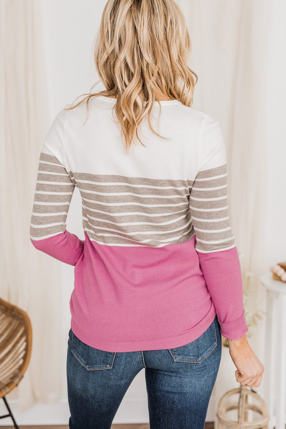 Pull en tricot patchwork rayé rose grande taille