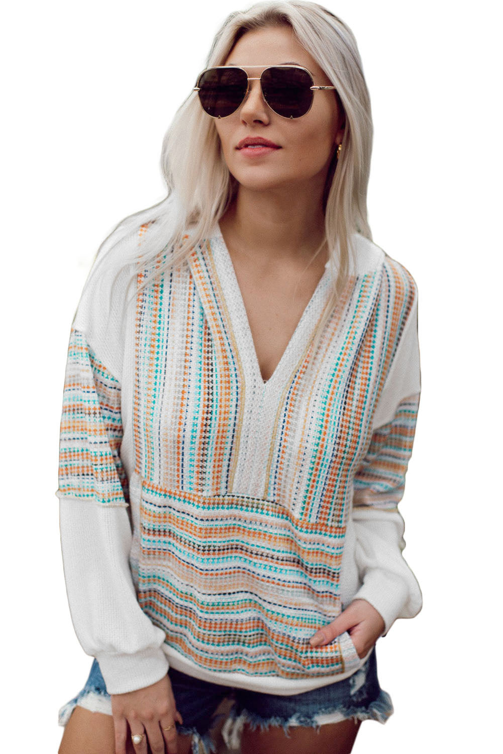 Striped Patchwork V Neck Drop Shoulder Knit Hoodie