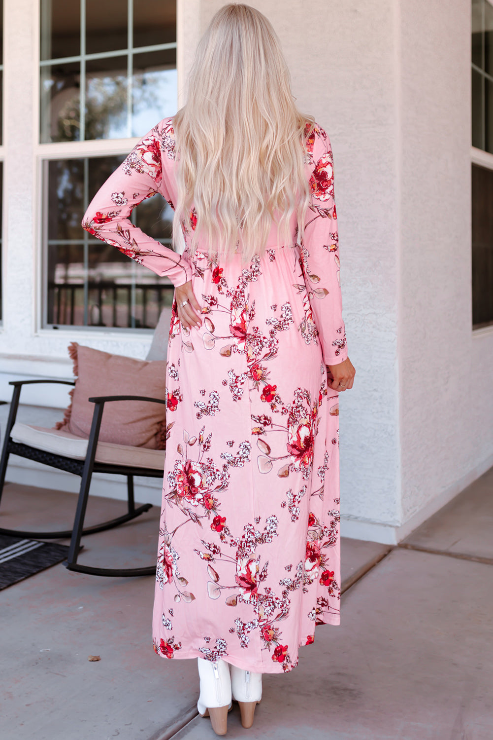 Wrapped V Neck Floral Long Sleeve Empire Maxi Dress