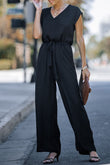 Sleeveless V Neck Belted Wide Leg Jumpsuit