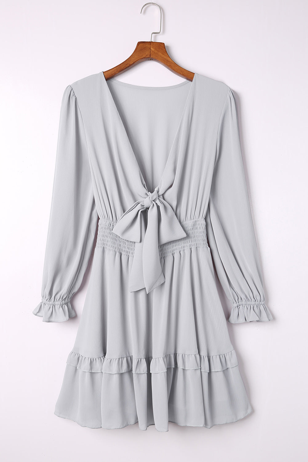 Deep V Neck Lantern Sleeve Knotted Tiered Mini Dress