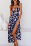 Floral Print Bust Knot Long Dress with Slit