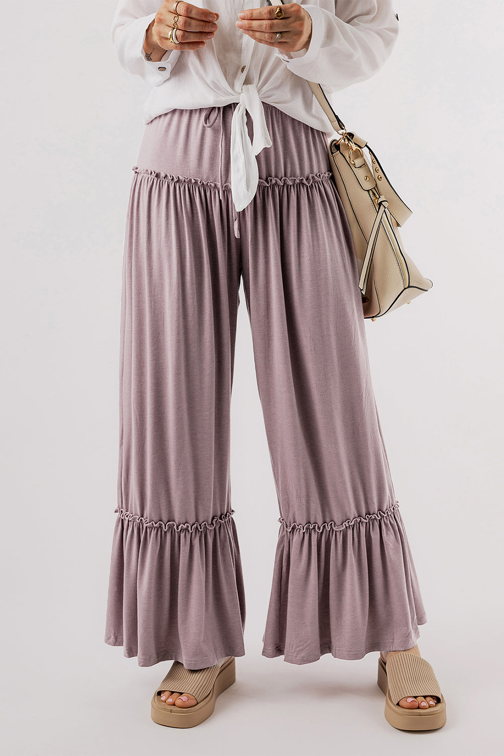 Black Frilled Drawstring High Waist Wide Leg Pants