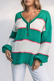 Striped Color Block Knitted Buttoned V Neck Sweater