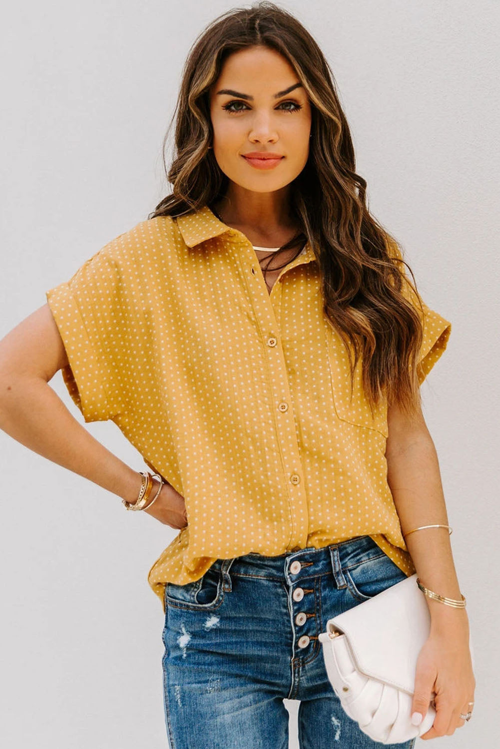 Rolled Short Sleeve Polka Dot Print Shirt