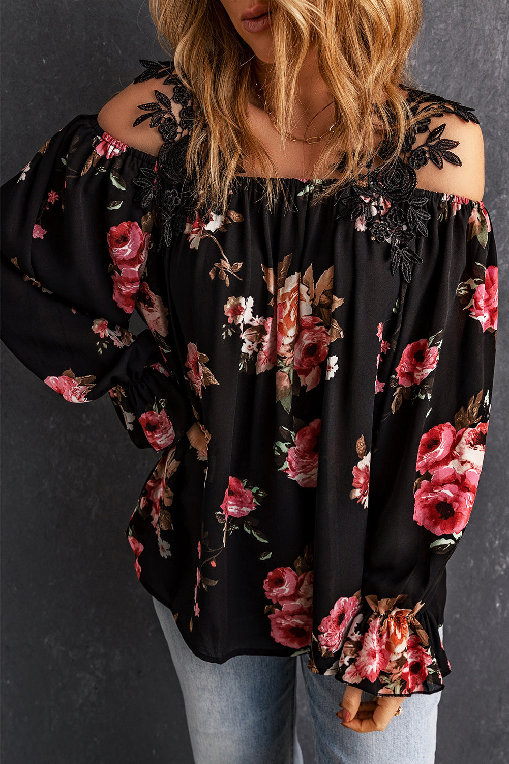 Floral Print Lace Patchwork Loose Cold Shoulder Blouse