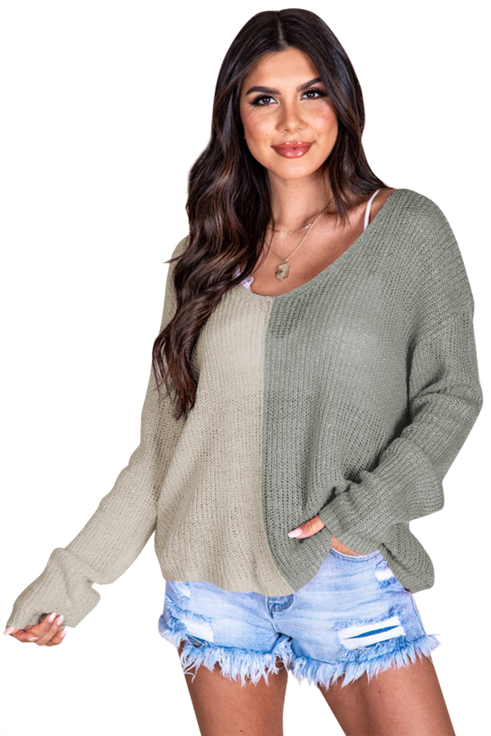 Khaki Long Sleeve V-Neck Colorblock Sweater