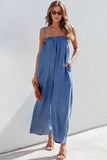 Spaghetti Straps Frilled Neckline Pocketed Wide Leg Denim Jumpsuit