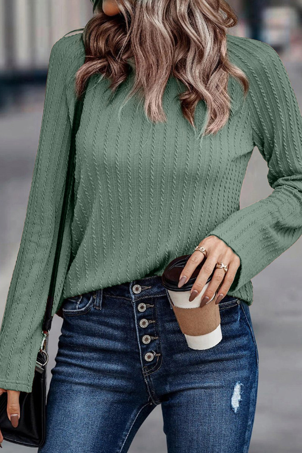 Khaki Ribbed Round Neck Knit Long Sleeve Top