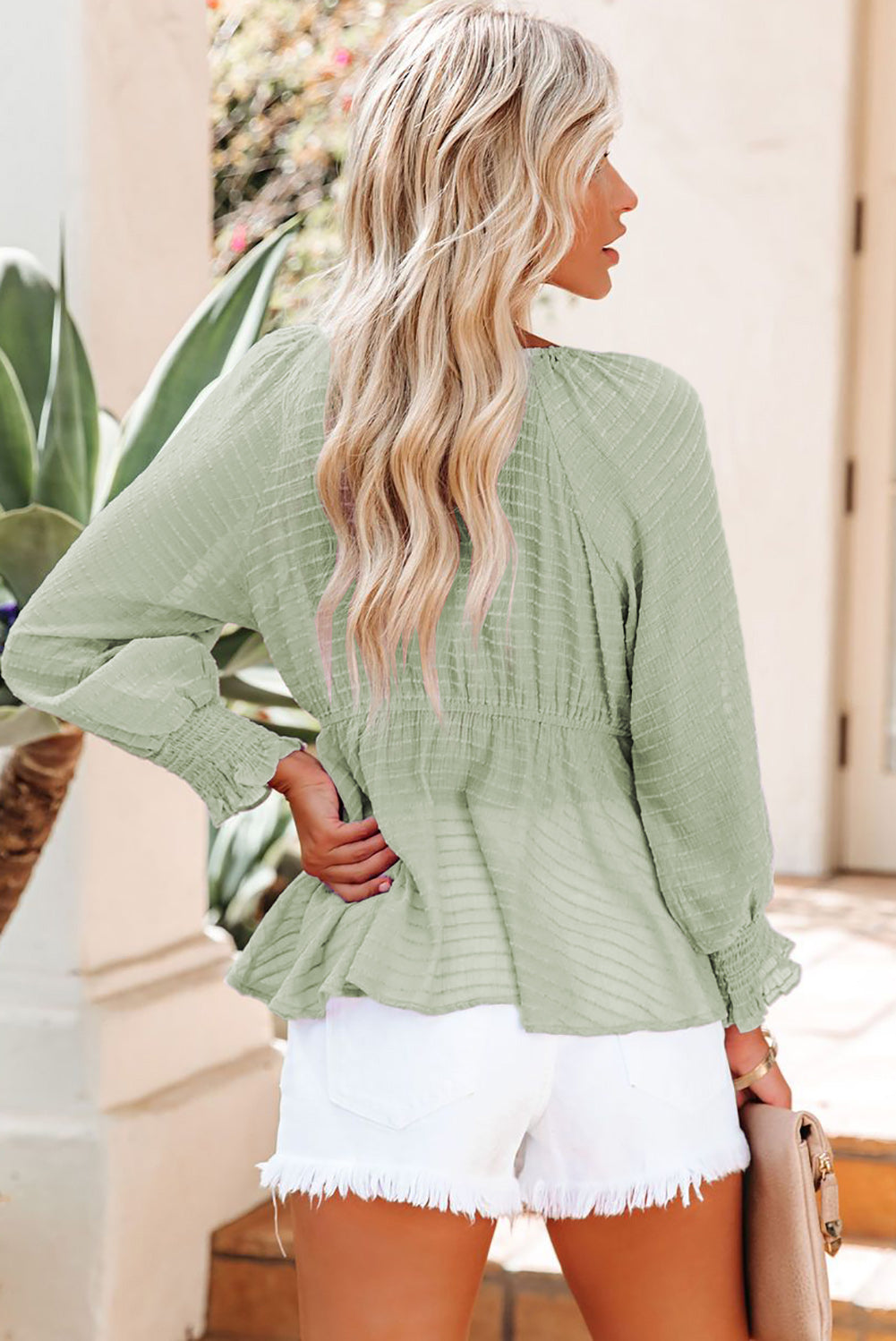 Textured Tie Front Peplum Blouse