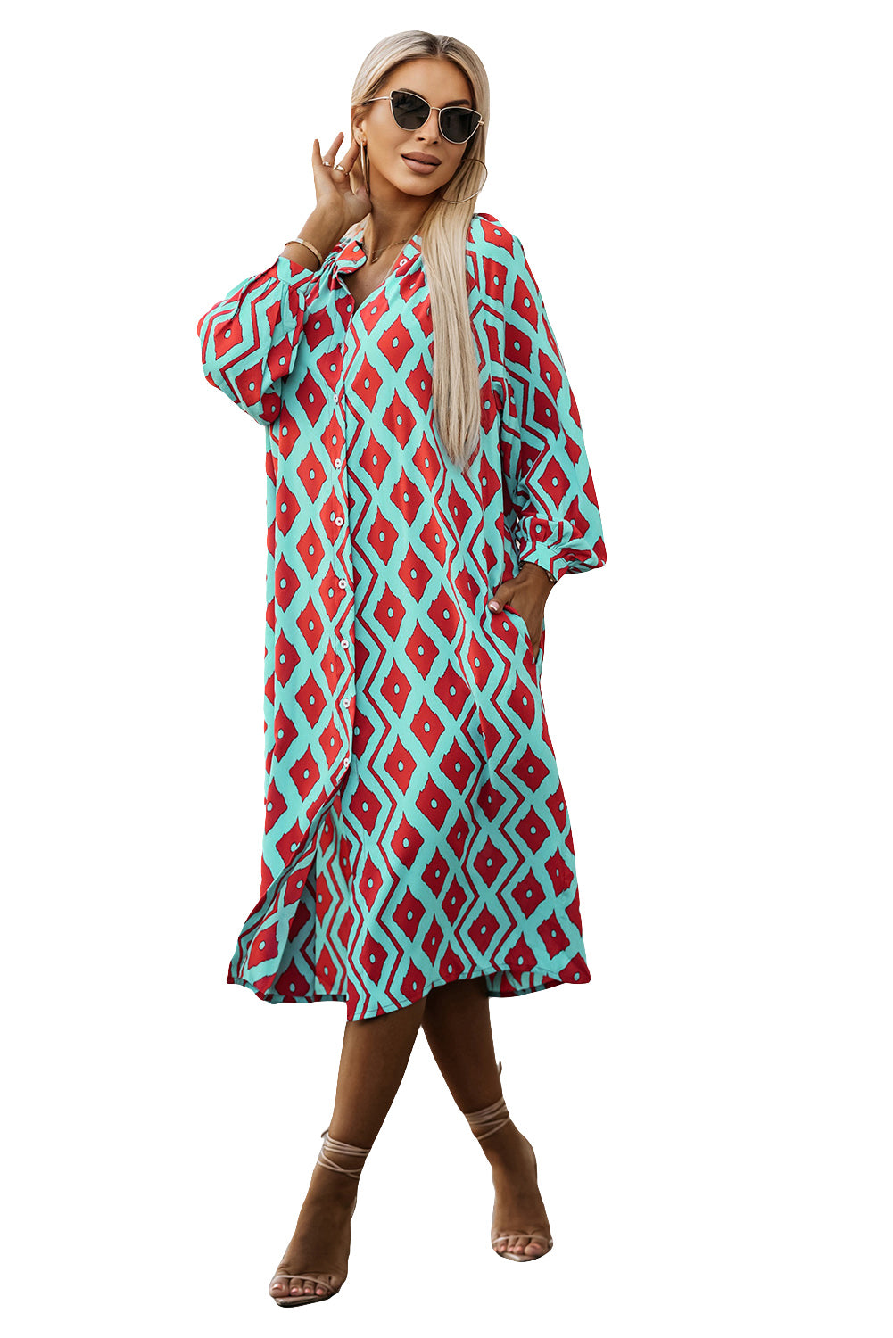 Western Geometric Print Split Buttoned Shirt Dress