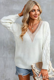 Cable Puff Sleeve Lace V Neck Sweater