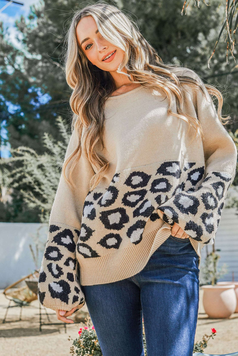 Leopard Patchwork Knitted Puff Sleeve Sweater