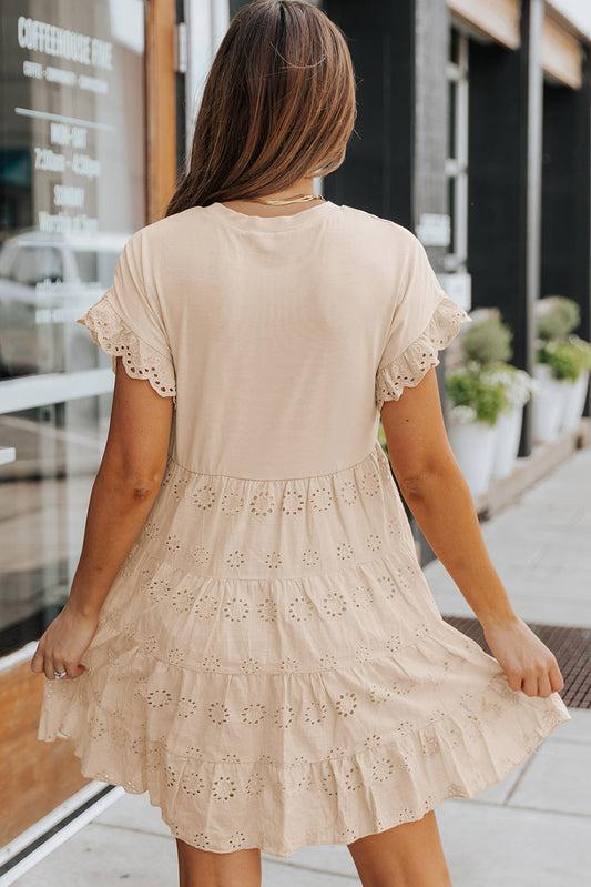 Eyelet Pattern Tiered Short Dress