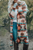 Plus Size Geometric Print Open Front Long Cardigan