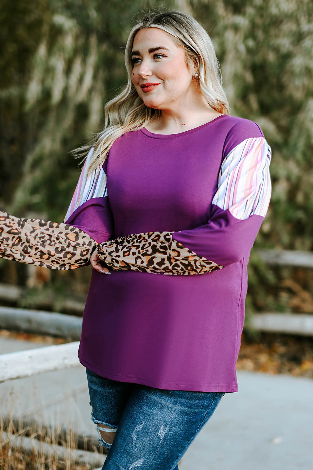 Leopard Striped Color Block Plus Size Top