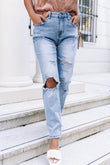 Light Blue Distressed Holes Straight Jeans