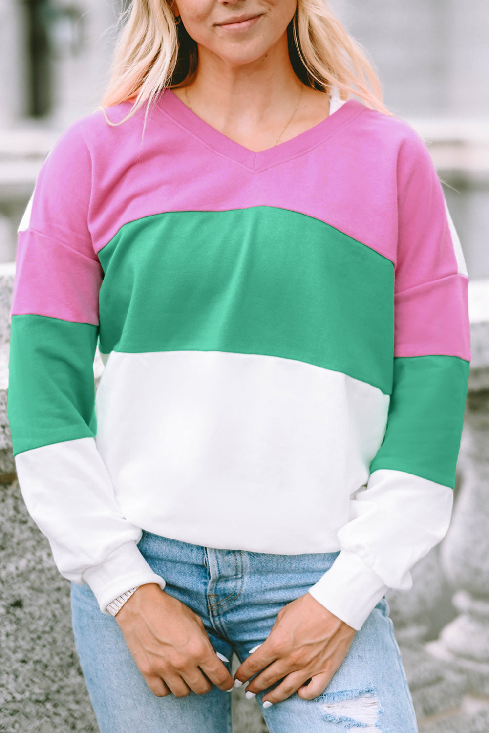 Ribbed V Neck Color Block Patchwork Sweatshirt