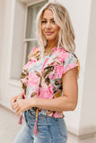 Pink Floral Print Tiered Ruffled Long Sleeve Blouse