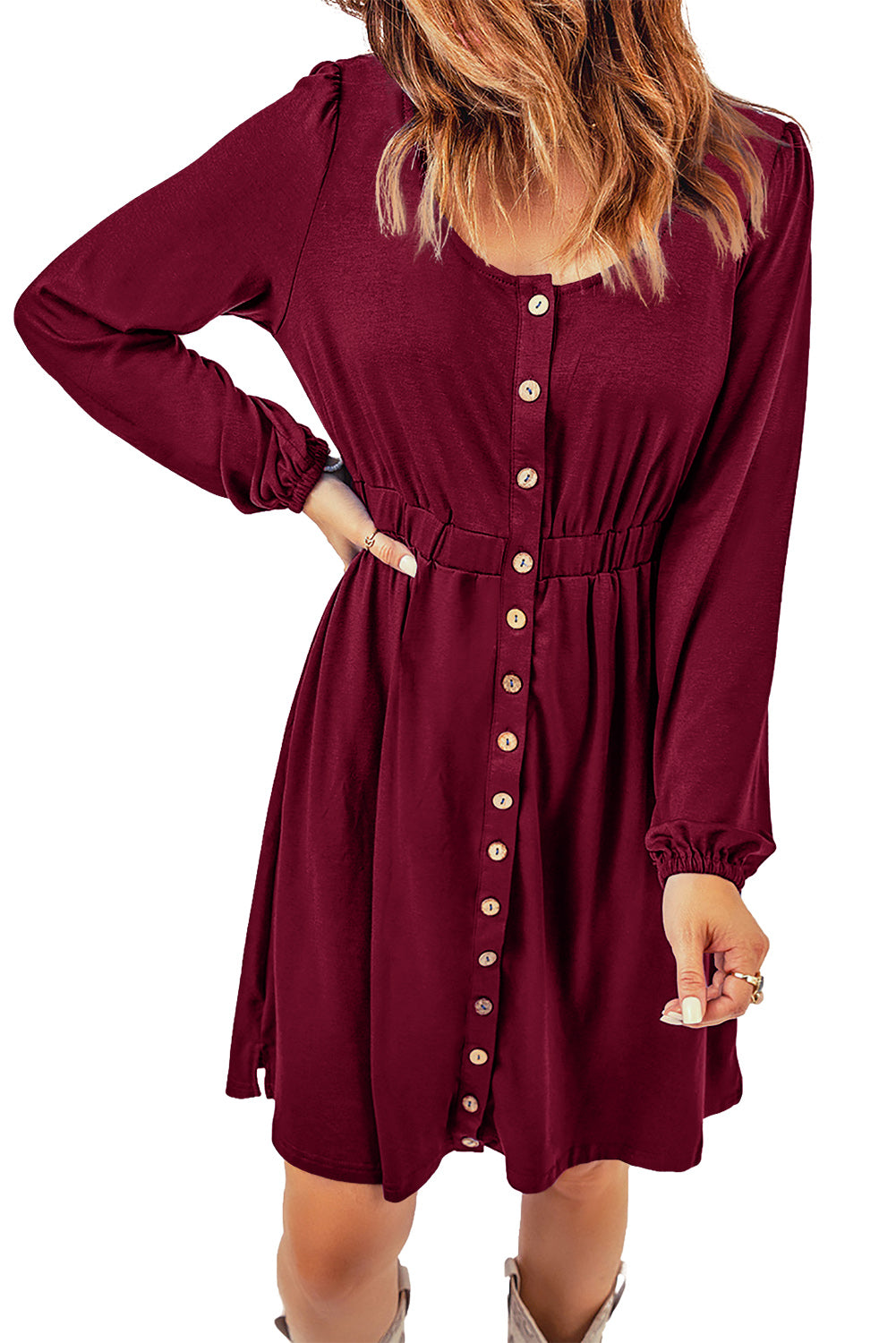 Button Up High Waist Long Sleeve Dress