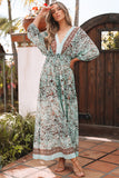 Green Boho Floral Print Lace-up Open Back High Waist Maxi Dress