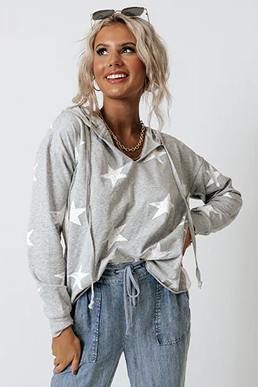 Stars Print V-Neck Drawstring Hoodie