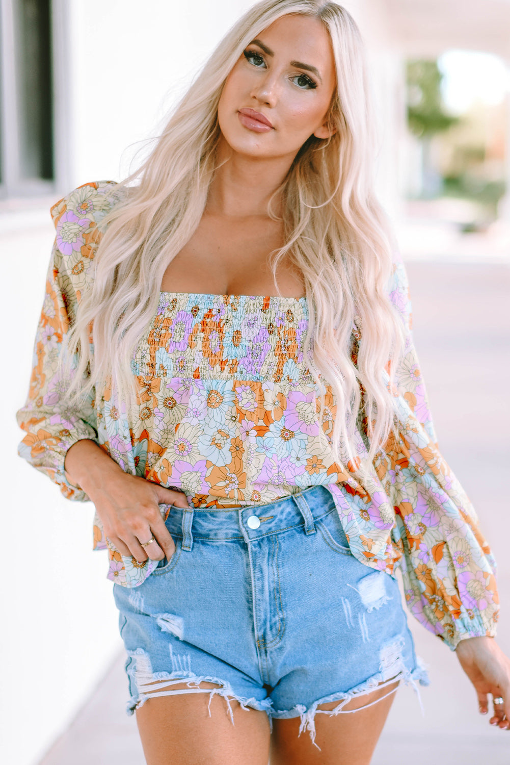 Floral Square Neck Puff Sleeve Babydoll Blouse