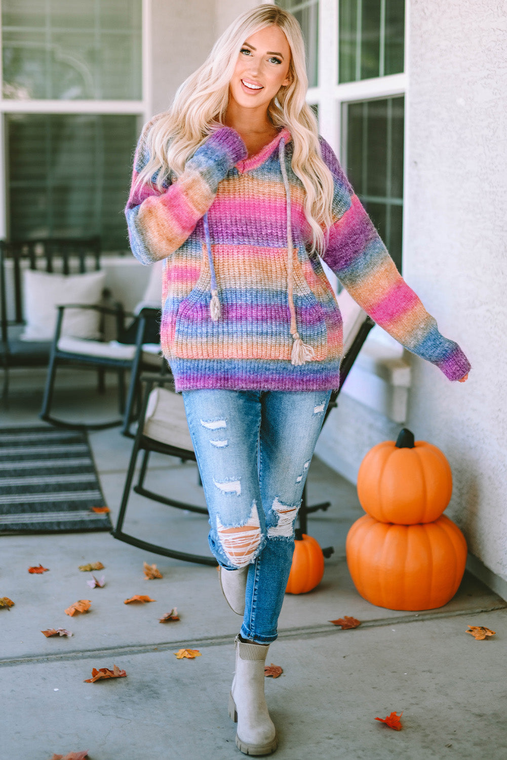 Pull à capuche multicolore ombré avec poche kangourou