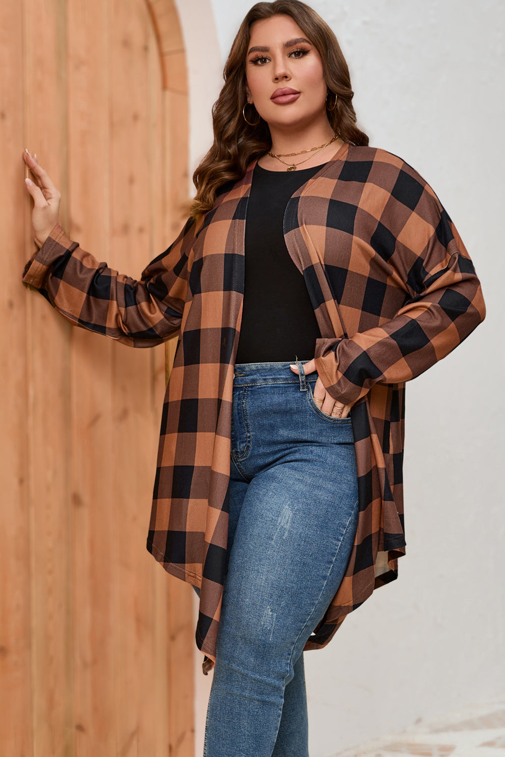 Plus Size Plaid Pattern Open Front Cardigan