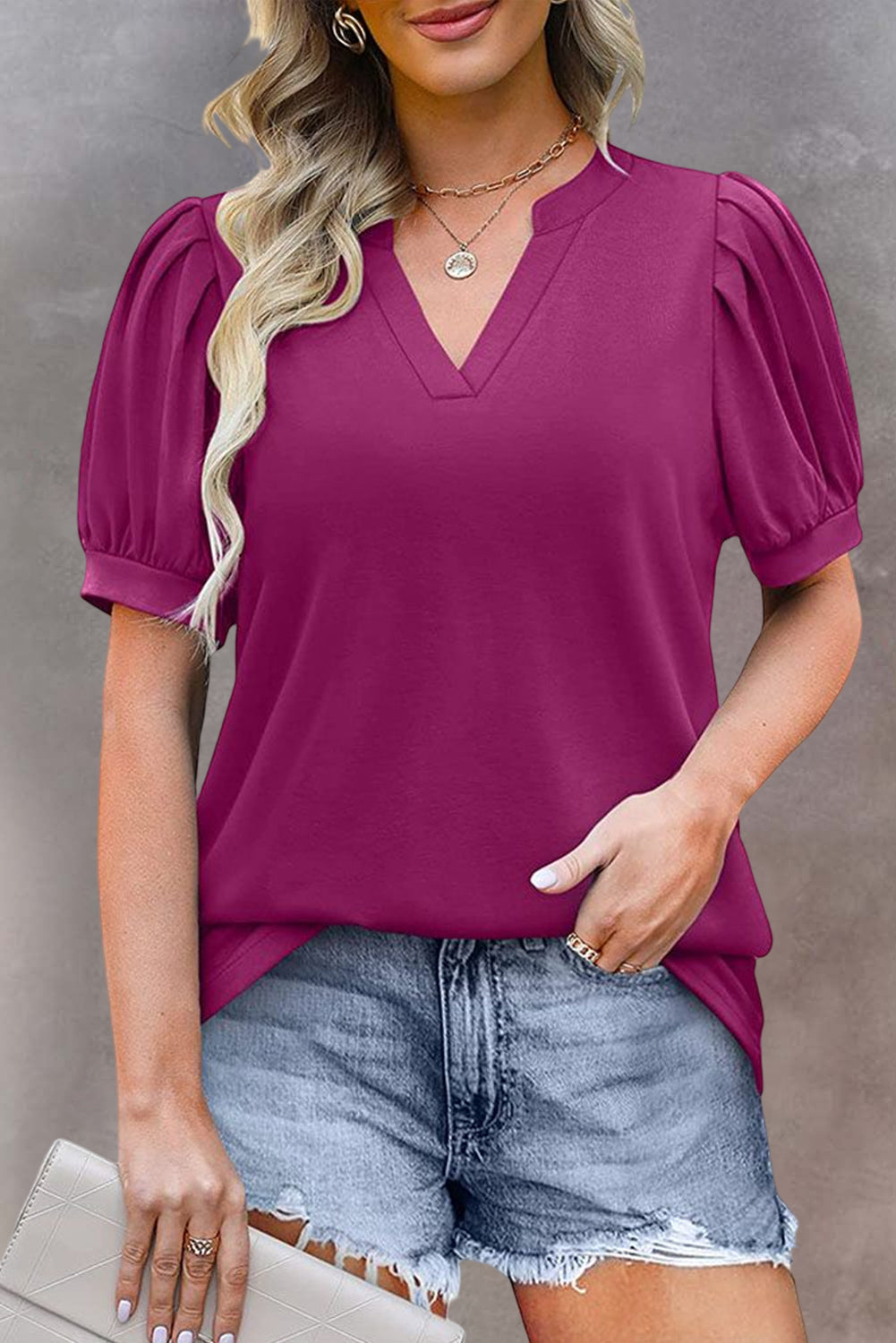 Solid Color Pleated Puff Short Sleeve Top