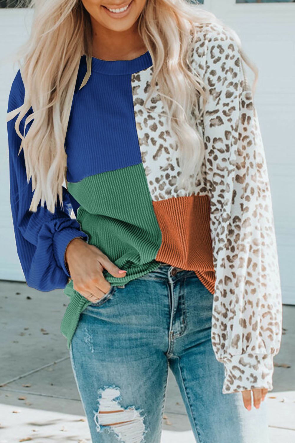 Leopard Patchwork Color Block Ribbed Long Sleeve Top