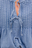 Myosotis Denim Front Pintuck Bow Tie Puff Sleeve Top
