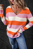 Orange Stripe Colorblock V Neck Casual Sweater