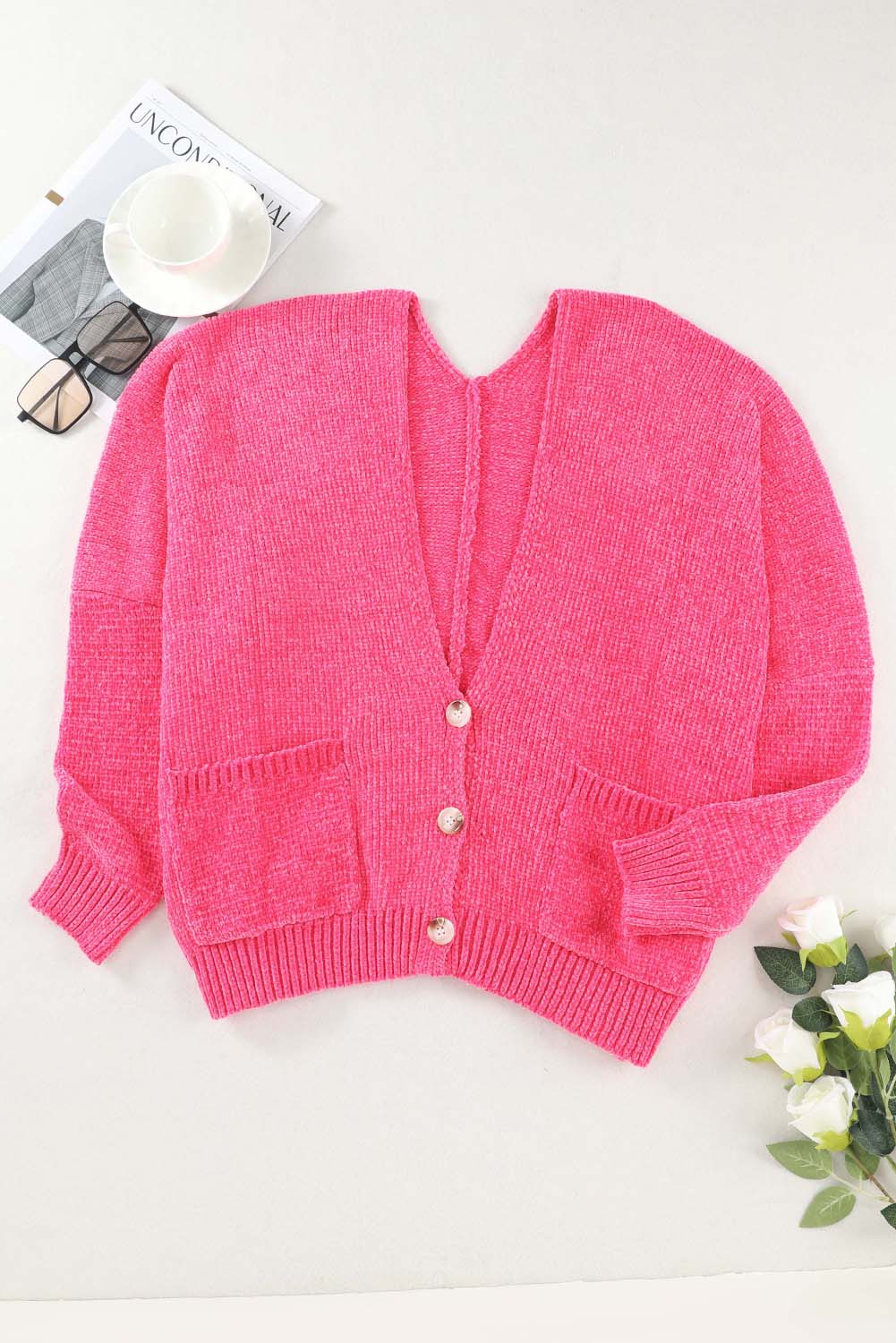 Buttons Front Pocketed Sweater Cardigan